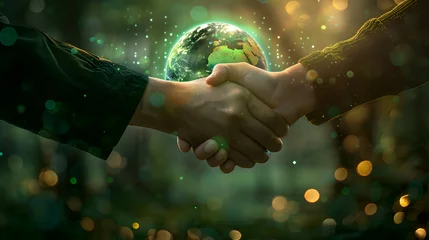 Foto op Plexiglas A handshake between two individuals, doing business that places importance on environmental conservation and taking care of the world © Slowlifetrader