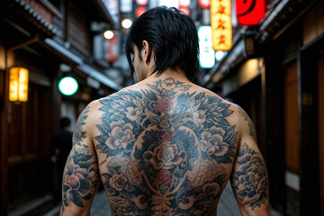 A dangerous looking Japanese yakuza in the streets of Tokyo turns his head slowly after been provoked. Intricate tattoo art on the back of an Asian triad gangster member. A ruthless street fighter.