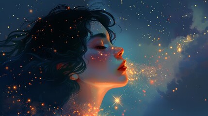 A dreamy portrait of a woman, her closed eyes and serene expression illuminated by the surrounding cosmic starlight.