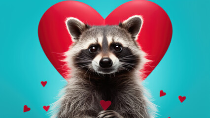 Purr-fect Love: raccoon on Blue Background with Heart