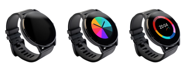 Three Views of a Smartwatch Off, Display On, Time Displayed sets. Colorful  smartwatch with display cutout PNG collection
