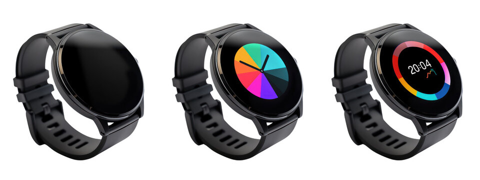 Three Views of a Smartwatch Off, Display On, Time Displayed sets. Colorful  smartwatch with display cutout PNG collection