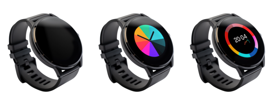 Three Views of a Smartwatch Off, Display On, Time Displayed sets. Colorful  smartwatch with display cutout PNG collection