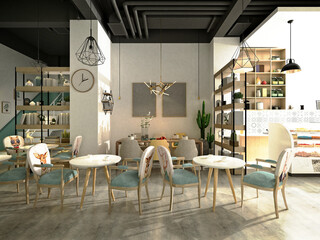 3d render of coffee shop bakery restaurant interior