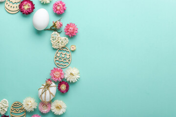 Easter composition, eggs, dried flowers and eco decorations for decorating Easter eggs. Flat lay. copy space