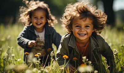 Two Young Children Playing in Grass - obrazy, fototapety, plakaty