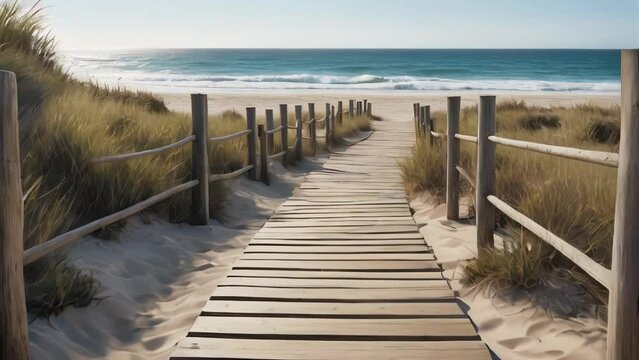 A wooden path leads to a beach with a view of the ocean and a beach in the background.