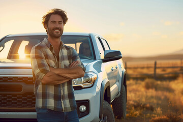 A man is standing next to a white pickup truck in a field. He is smiling and he is proud of the vehicle, time is sunset with warm lightning