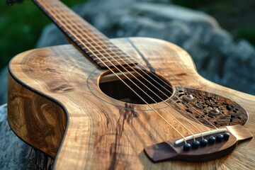 Obraz premium Warm Acoustic wooden guitar. Music art sound instrument string. Generate Ai
