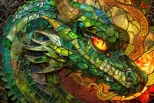 Mosaic green dragon with glowing eye