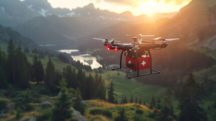 Fototapeta na wymiar A drone with red first aid kit flies over a mountain valley at sunset.