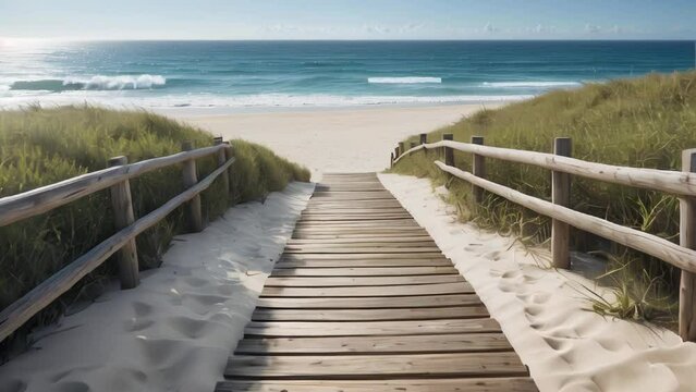 A wooden path leads to a beach with a view of the ocean and a beach in the background.