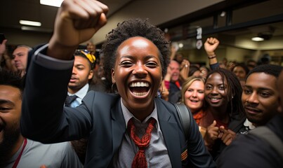 Woman in Suit Surrounded by Group of People - obrazy, fototapety, plakaty