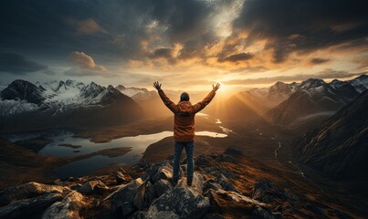 Man Standing on Mountain Top With Arms Outstretched