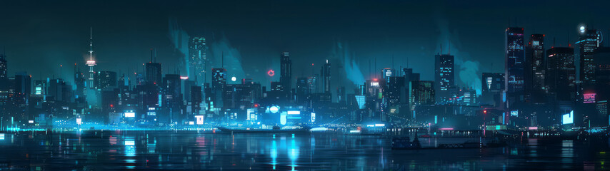 Obraz premium A brightly lit city scene at night, with architectural grids, dark azure color, and piles/stacks.