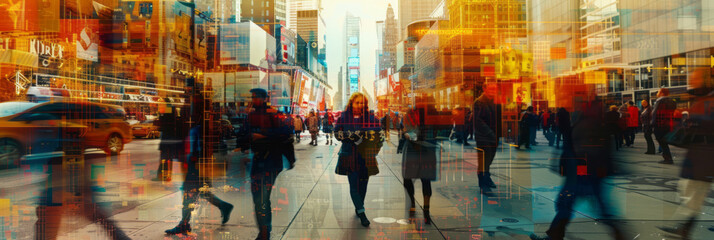 A group of people walking on a busy street, with digital manipulation, soft-focused realism, and yellow and amber colors.