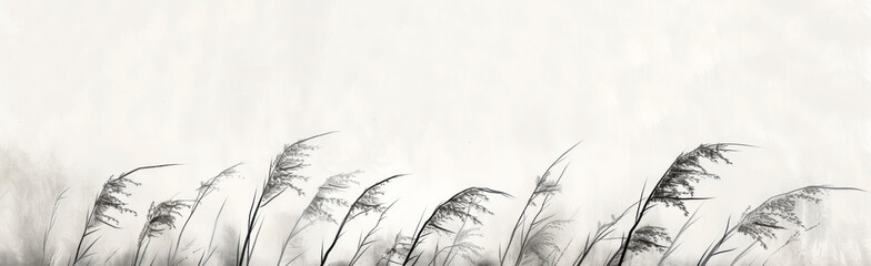 Black and white silhouettes of tall grasses, digital painting, traditional animation, and soft shading. - obrazy, fototapety, plakaty