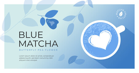 Layout template of cup of blue matcha latte. Vector illustration of matcha tea, froth art, milk heart shape, butterfly pea flower, leaves. Natural organic drink powder. Design banner, poster, web page - obrazy, fototapety, plakaty