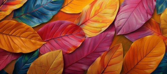 A close-up view of leaves in bright colors, with multi-layered color fields, eco-friendly...