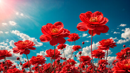 Fototapeta na wymiar Red flowers on blue sky background