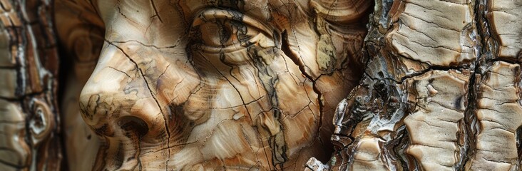 A close-up view of the face of a tree, with layered veneer panels and dynamic mark making.