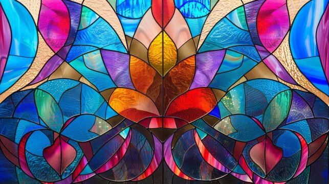 A stained glass design is made of colorful colors, with floral surrealism, psychedelic realism, in light maroon and blue colors, and vibrant and colorful abstracts.