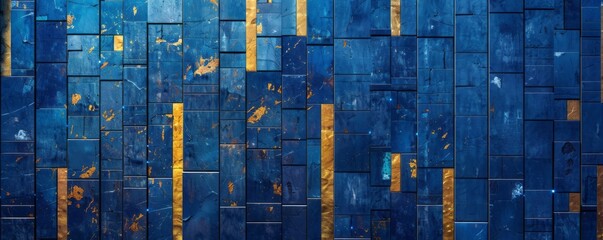 A large building surface in blue, with gold bars and blue lights, an intense texture collage, meticulous mosaics, colorful gradients, and a rustic texture. - obrazy, fototapety, plakaty