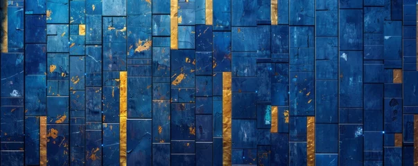 Fotobehang A large building surface in blue, with gold bars and blue lights, an intense texture collage, meticulous mosaics, colorful gradients, and a rustic texture. © Duka Mer