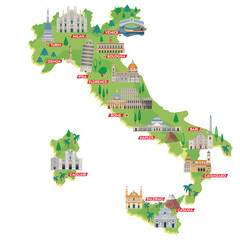 Itali Travel map illustration with Italian landmarks.
 - obrazy, fototapety, plakaty