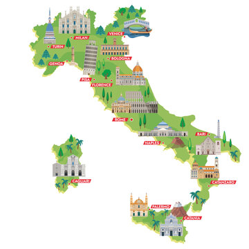 Itali Travel map illustration with Italian landmarks.
