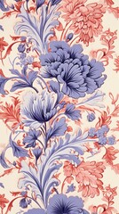 A purple and blue floral design, with light orange color, a repeating pattern, and decorative backgrounds.