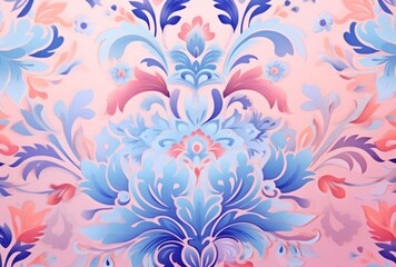 A floral pattern on a background of peach, red, and blue, with light violet color, and stenciled iconography.