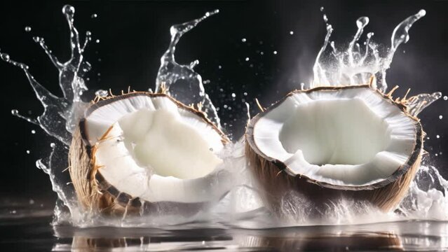 Tropical refreshment bursts forth as coconut milk splashes playfully