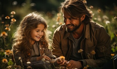 Man Sitting With Little Girl in Field of Flowers
