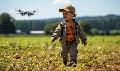 Young Boy Walking in Field With Small Plane in Background