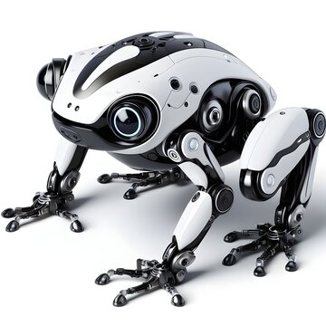 AI GENERATES 3D FUTURISTIC FROG AMPHIBIAN REPTILE ROBOT SCI-FI BLACK AND WHITE COLOR WITH A CAMERA ON SEVERAL SIDES