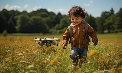 Young Boy Walking Through Field With Toy Airplane