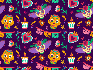 Dia de los Muertos or Day of Dead holiday. Traditional seamless pattern with skull, flowers, candles, garland.