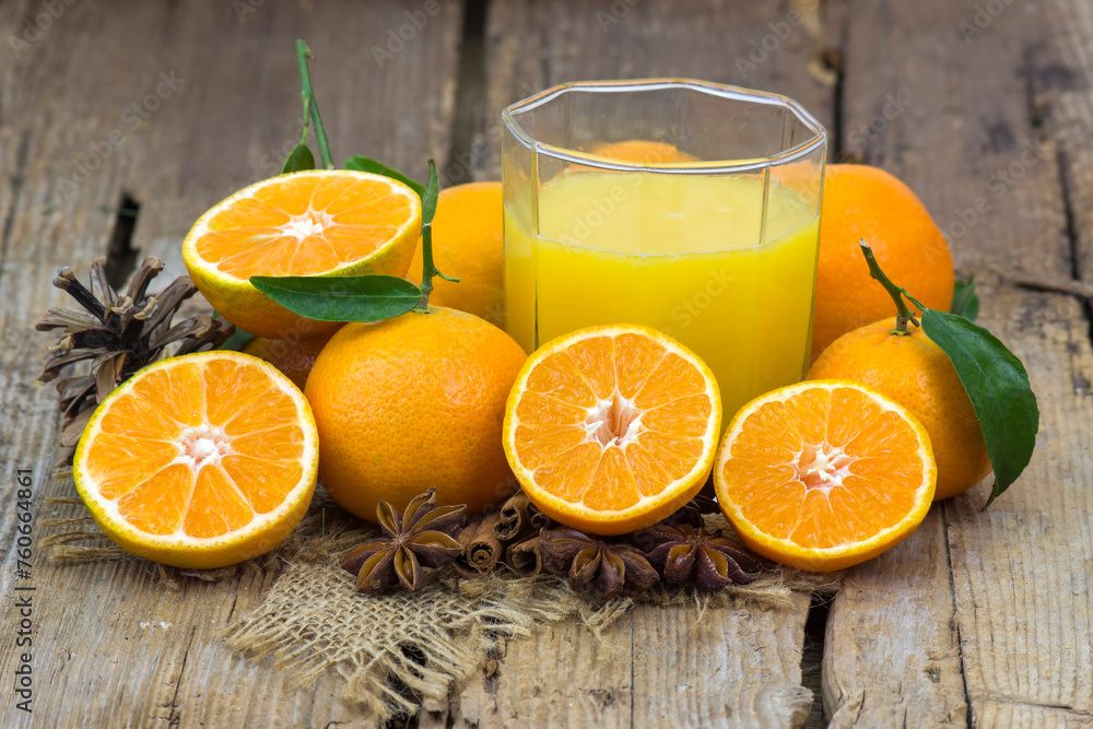 Canvas Prints orange juice and some fresh fruits on wooden background