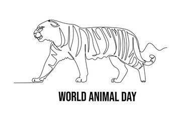 One continuous line drawing of funny cute Tiger. World Animals Day Icon. Trendy single line draw design vector graphic illustration
