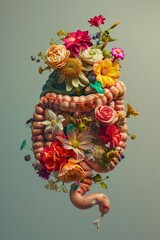 The 3D human heart made of flowers, in the style of surrealist anatomy, medicalcore, photorealistic detail, muted tones, symbolic still-lifes, realistic anatomies