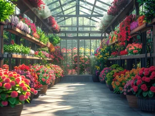 Keuken spatwand met foto A greenhouse filled with vibrant, colorful flowers in full bloom, showcasing a diverse array of gardening wonders. © Vitalii But