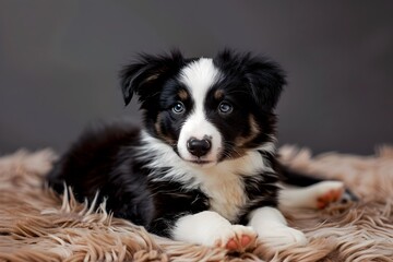Cheerful Black and White Border Collie Puppy on Fur Rug