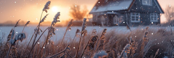 Winter landscape at sunset with grass and house in background