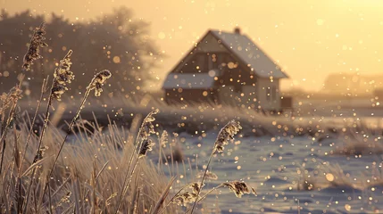 Zelfklevend Fotobehang Winter landscape at sunset with grass and house in background © Simone