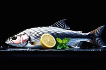 Large raw fish whole lying on black stone dish with lemon slice and mint leaf, dark background, banner with space for text