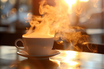 Closeup of a steaming coffee cup on a table, with warm light in the background, Generative AI