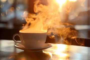 Tuinposter Closeup of a steaming coffee cup on a table, with warm light in the background, Generative AI © ftlupuper