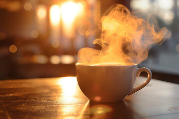 Closeup of a steaming coffee cup on a table, with warm light in the background, Generative AI