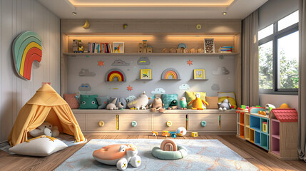 neutral nursery room cupboard or wardrobe for kids baby room , interior designing , toys , stuffed , playroom 